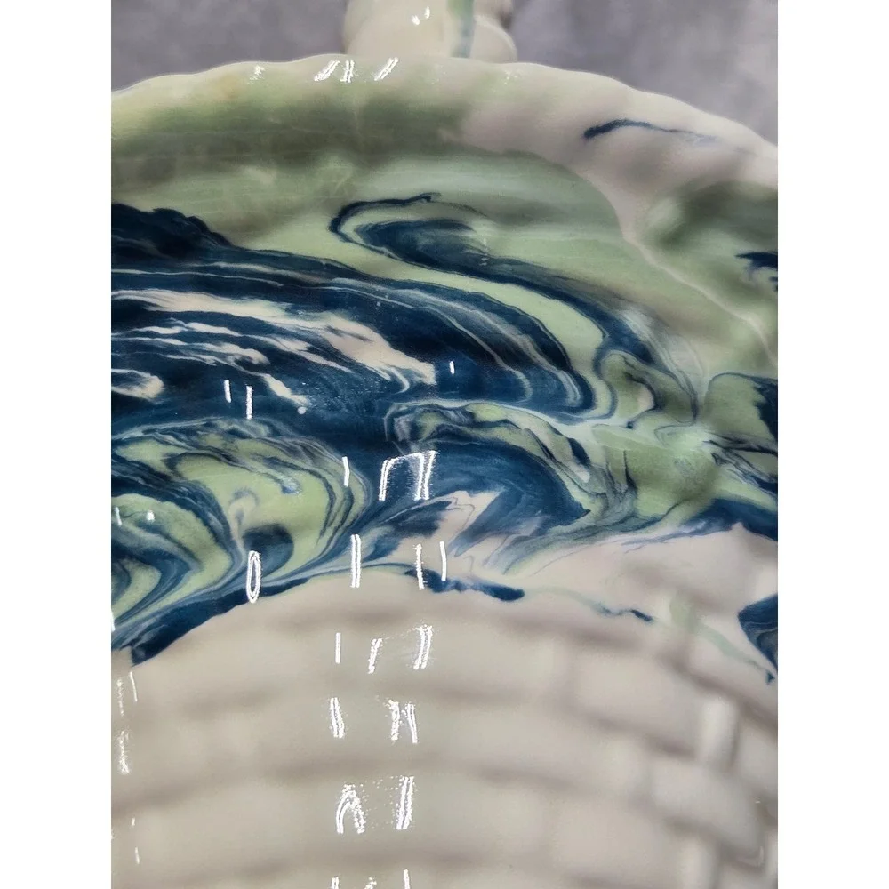 Vintage Signed Ceramic Marbled Blue Green Swirl Woven Basket Twisted Handle